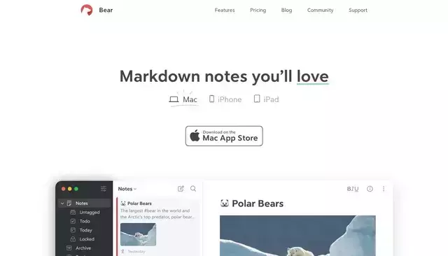 bear.app homepage screenshot