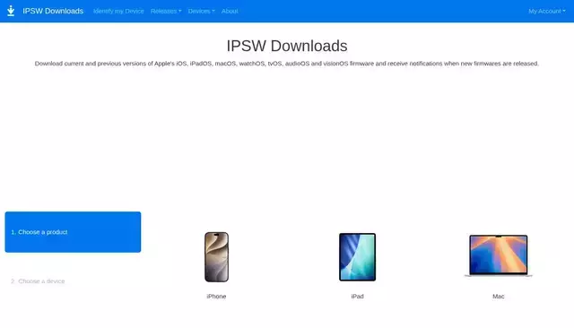 ipsw.me homepage screenshot