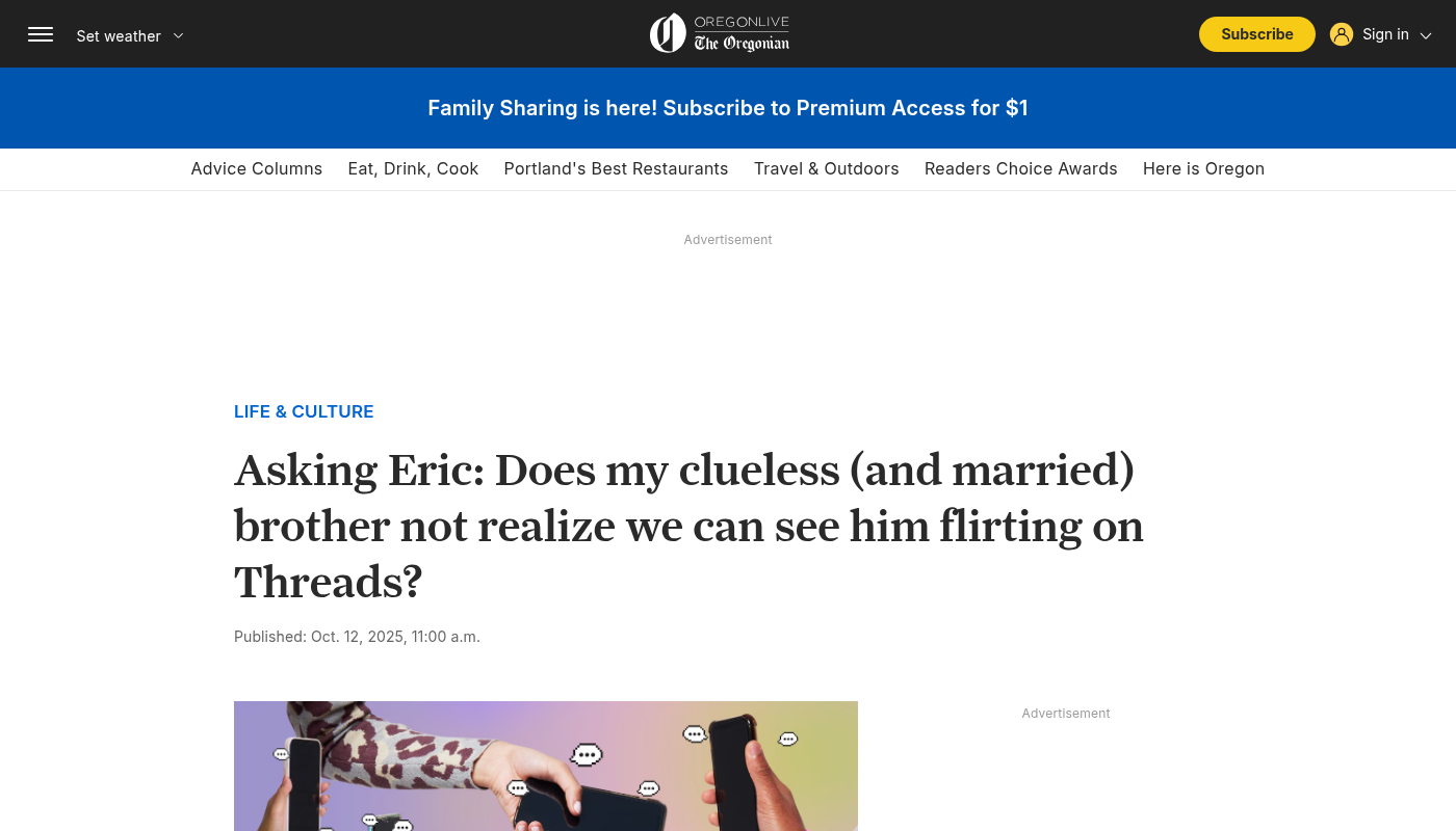 Asking Eric: Does my clueless (and married) brother not realize we can see him flirting on Threads? - oregonlive.com