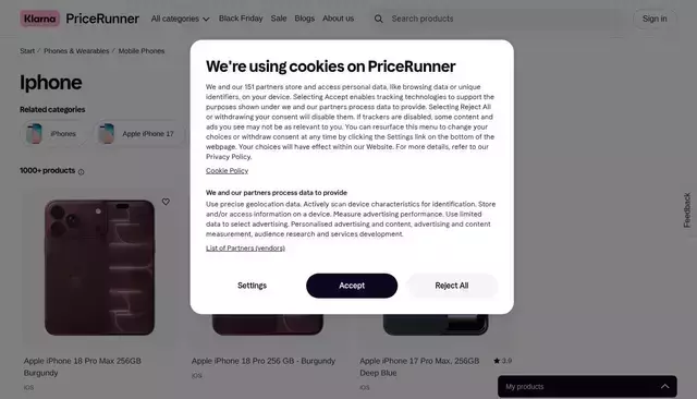 pricerunner.com homepage screenshot