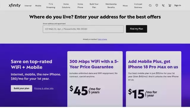 xfinity.com homepage screenshot